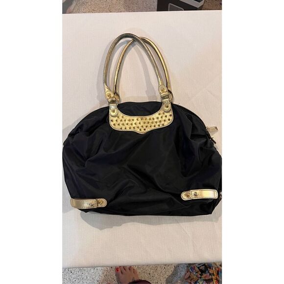 REBECCA MINKOFF NYLON BLACK LEATHER TRAVEL TOTE GOLD TRIM BOHO BAG - Picture 8 of 10